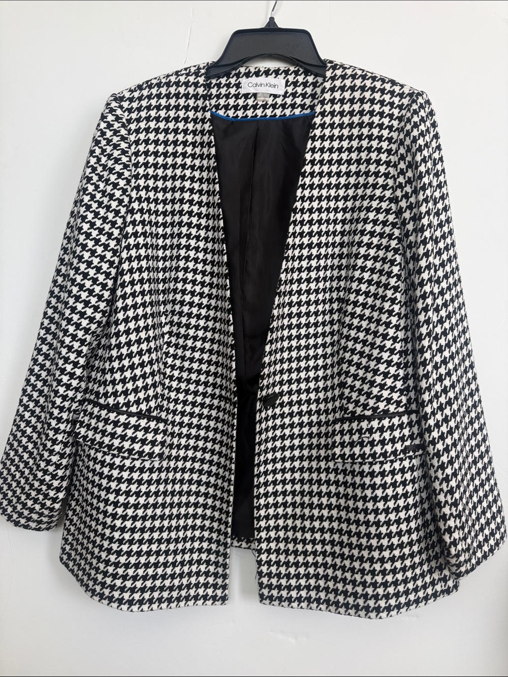 Calvin Klein Black & White Houndstooth Open Front Blazer